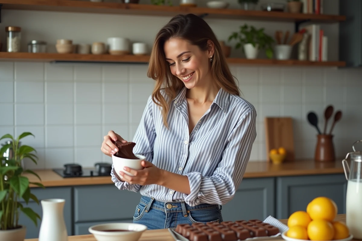 Femme versant la pate de chocolat dans un moule en céramique