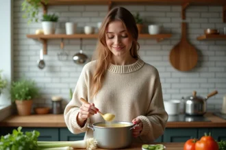 Jeune femme cuisine fondue vegan dans une cuisine chaleureuse