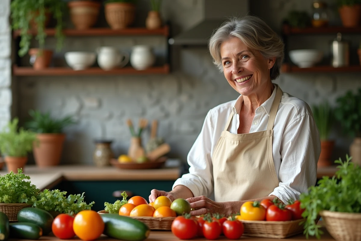 Femme souriante préparant des légumes frais dans la cuisine