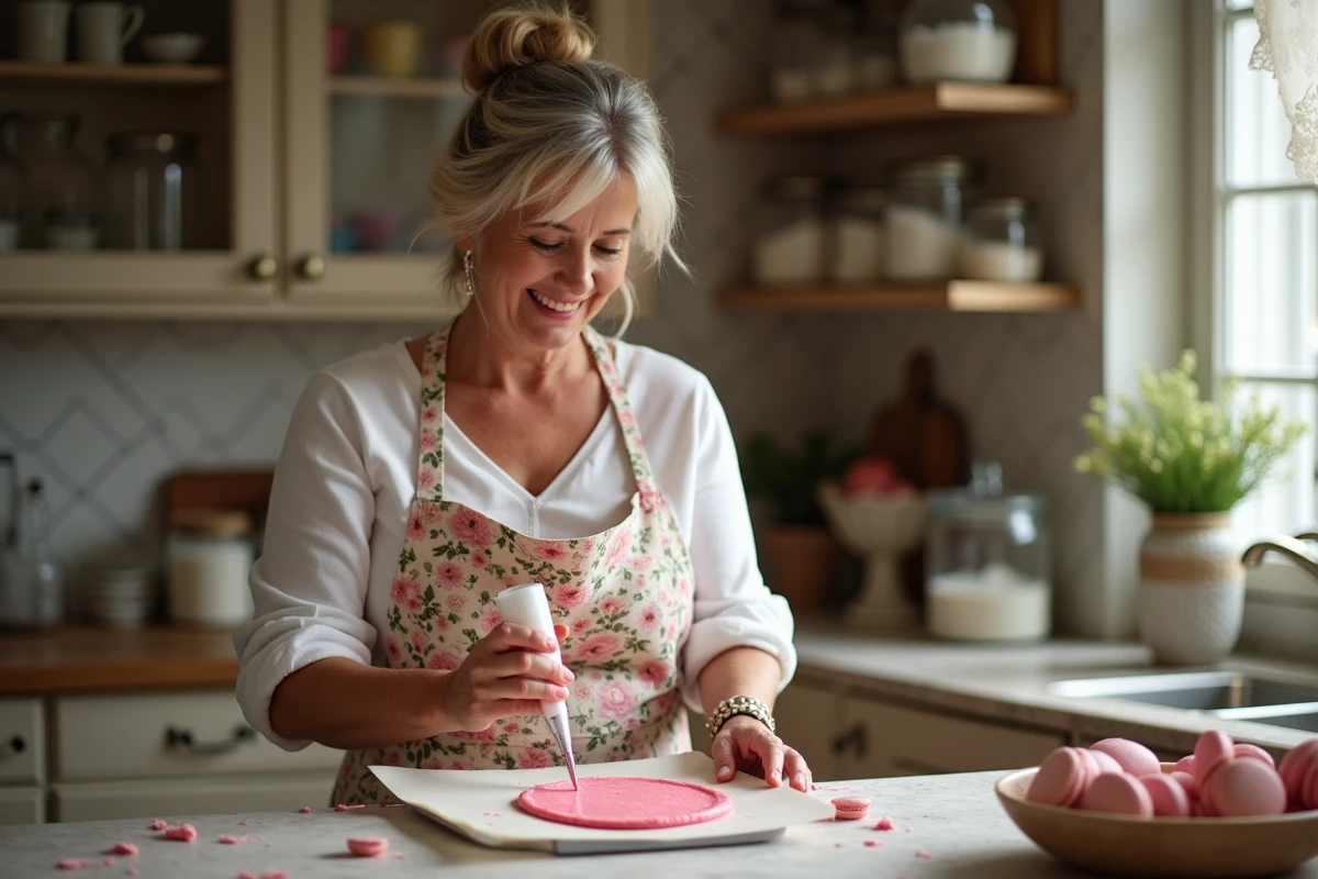 Femme souriante en tablier floral préparant des macarons