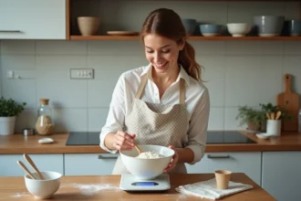 Jeune femme en cuisine mesurant de la farine avec une balance