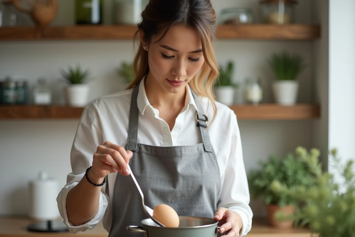 Femme déposant délicatement des œufs dans une casserole d'eau froide avec une cuillère à trous dans une cuisine moderne