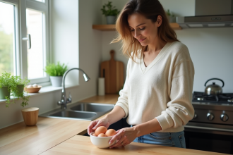 Femme en cuisine avec œufs frais dans un bol en céramique