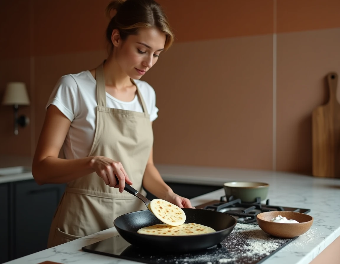 Femme retournant un pain à la poêle au yaourt dans une poêle en fonte sur une cuisinière à gaz