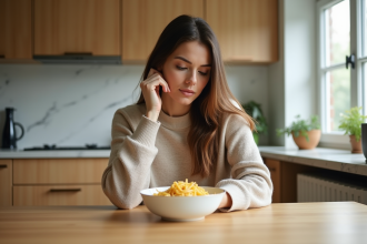 Femme contemplant un bol de pâtes aux œufs dans une cuisine chaleureuse