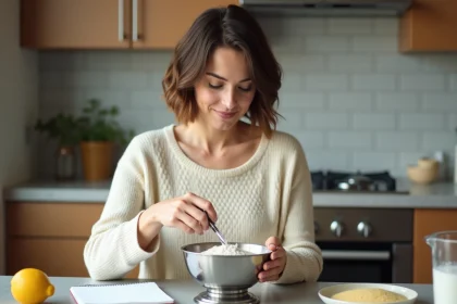 Jeune femme en cuisine peseant de la farine avec balance