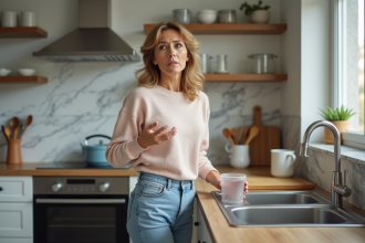 Femme d'âge moyen dans sa cuisine moderne avec un contenant en plastique