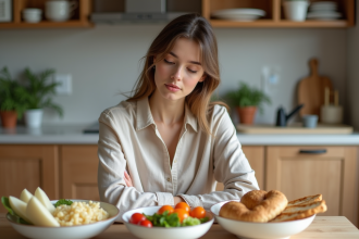 Jeune femme en cuisine avec aliments sains et pain