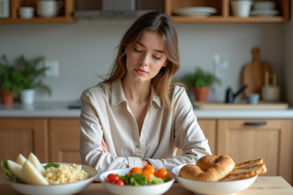 Jeune femme en cuisine avec aliments sains et pain