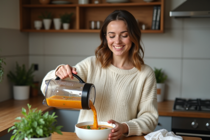 Femme souriante versant soupe chaude dans un bol en cuisine