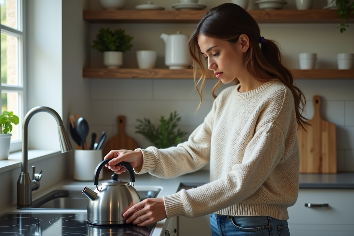 Jeune femme regardant un theiere en cuisine moderne