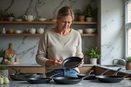 Femme examinant poênes dans cuisine moderne