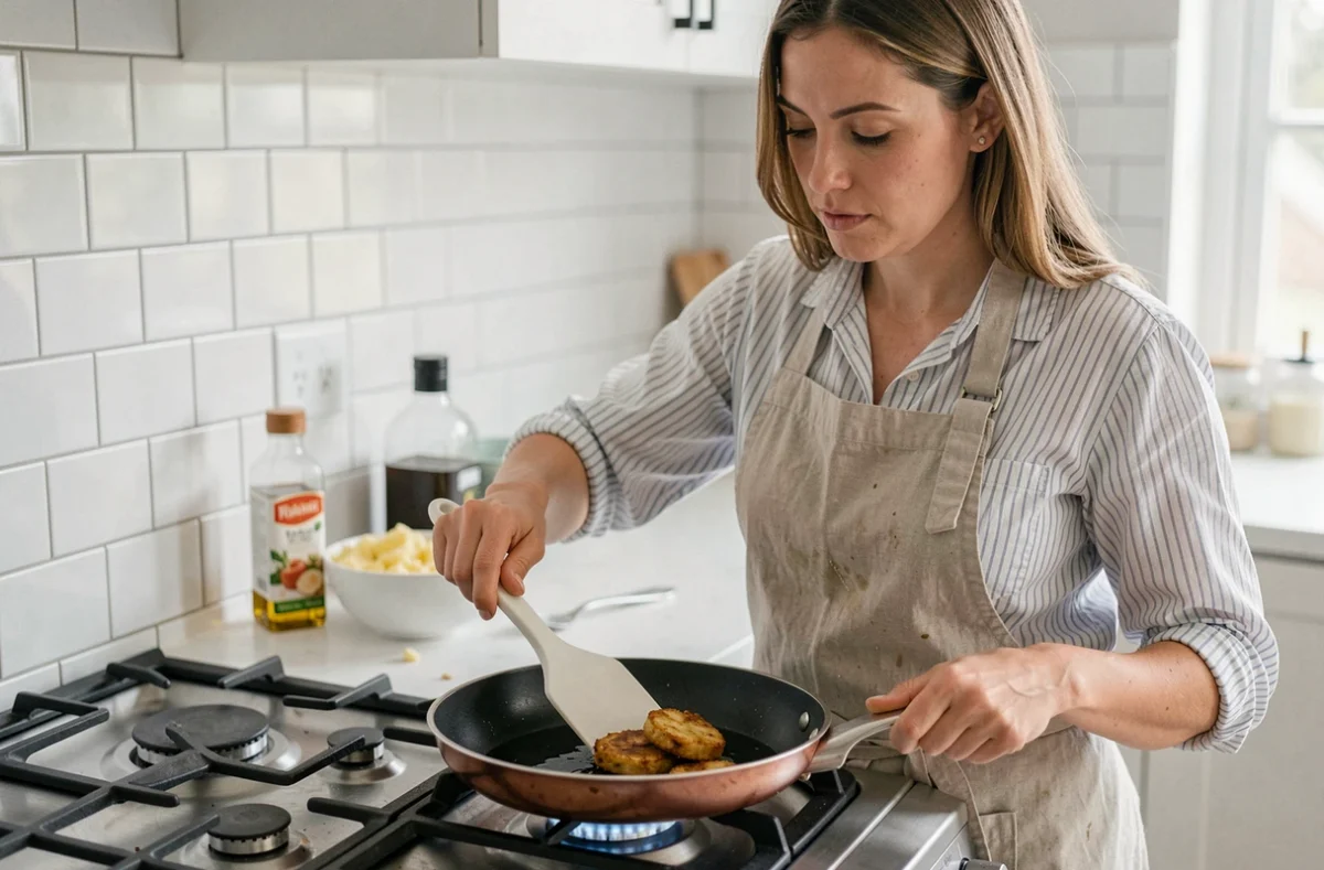 Femme retournant des beignets à la banane dans une poêle antiadhésive avec très peu d'huile