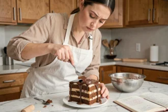 Femme débutante versant du glaçage au chocolat sur un gâteau Opéra fait maison dans une cuisine moderne