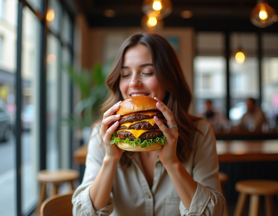 Jeune femme tenant un burger Shake Shack dans un restaurant avec vue sur une rue parisienne