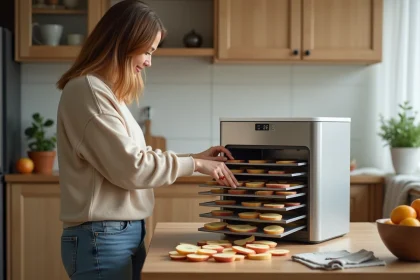 Femme arrangeant des tranches de pomme dans un déshydrateur moderne