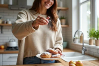 Femme souriante saupoudrant du sucre sur des beignets aux pommes