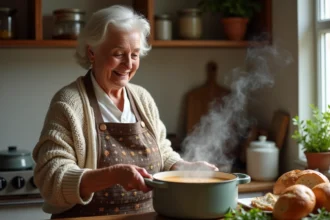 Femme âgée remuant une soupe dans une cuisine chaleureuse