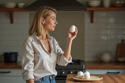 Femme examinant un œuf dans une cuisine chaleureuse