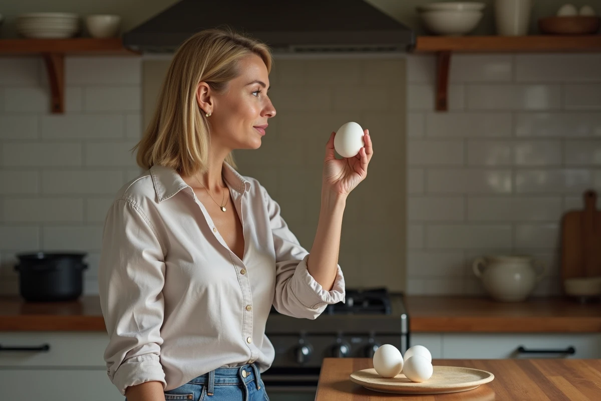 Femme examinant un œuf dans une cuisine chaleureuse