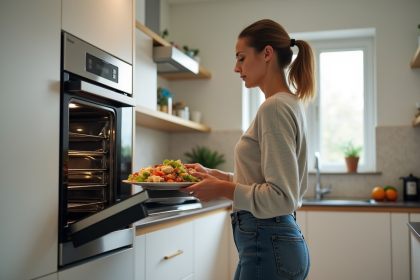 Femme d age moyen utilisant un four vapeur moderne dans la cuisine