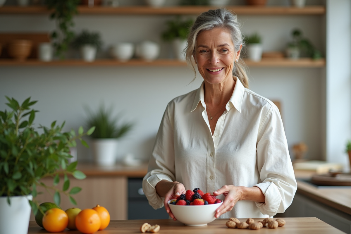 Femme choisissant des fruits frais dans une cuisine moderne