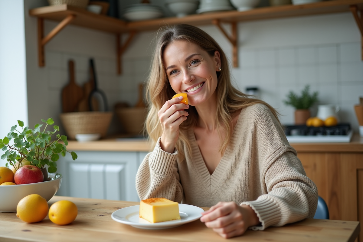 Femme souriante dégustant du fromage dans une cuisine chaleureuse