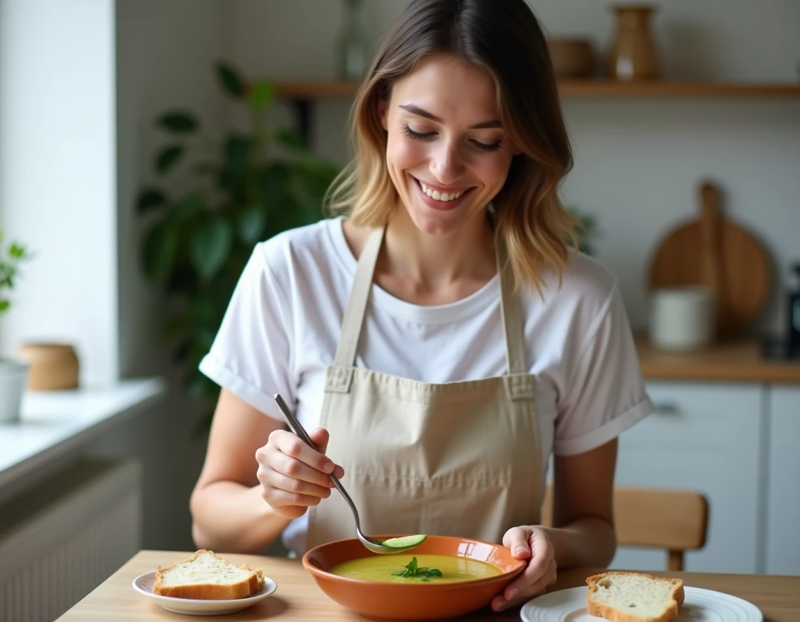 Jeune femme dégustant un gaspacho de melon et concombre dans un bol en terre cuite pour un dîner rapide en semaine