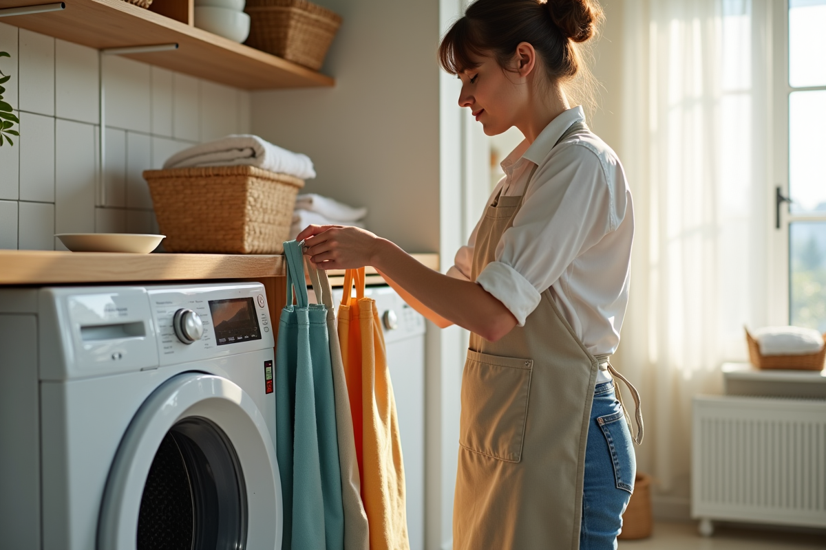 Femme séparant des tabliers en coton avant lavage dans la buanderie