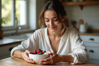 Jeune femme en loungewear dans la cuisine en train de préparer un bol de yaourt