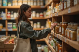 Femme faisant ses courses dans un magasin anti-gaspi avec des étagères de produits alimentaires à prix réduit