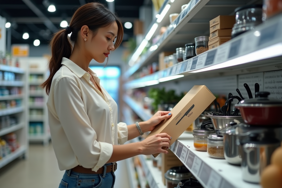 Jeune femme comparant des couteaux en magasin de cuisine