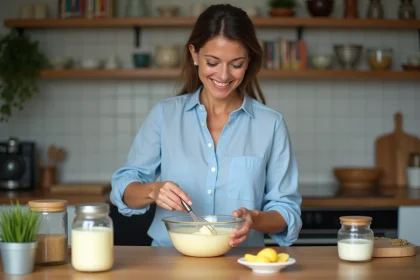 Femme en blouse bleue préparant mayonnaise maison dans la cuisine
