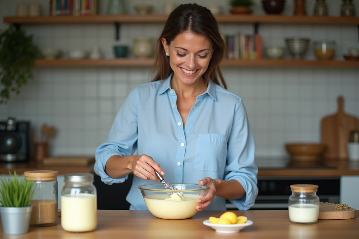 Femme en blouse bleue préparant mayonnaise maison dans la cuisine