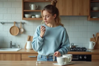 Jeune femme mesurant liquide dans la cuisine moderne