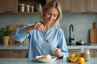 Femme moyenne âge saupoudrant des graines de chia dans un bol de yaourt