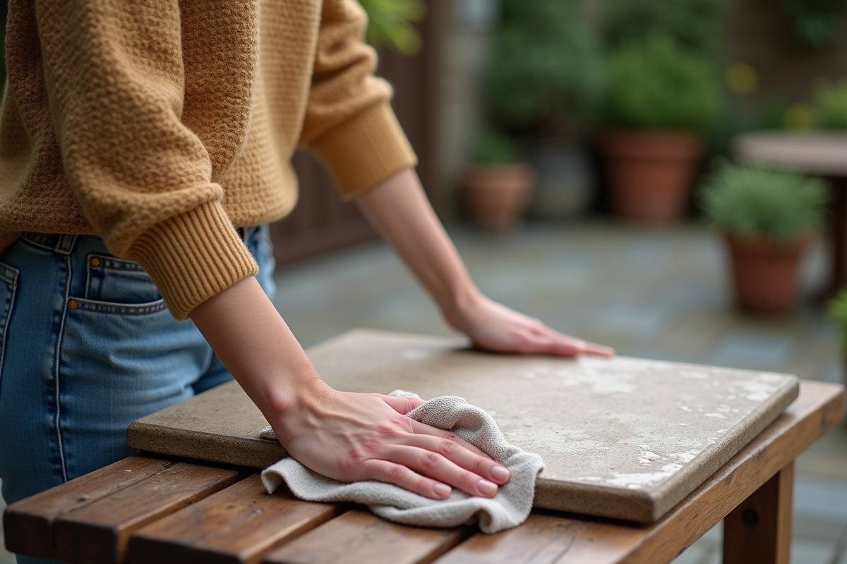 Jeune femme essuyant une pierre à pizza en extérieur