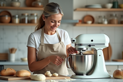 Femme en tablier utilisant un robot pâtissier pour pétrir la pâte