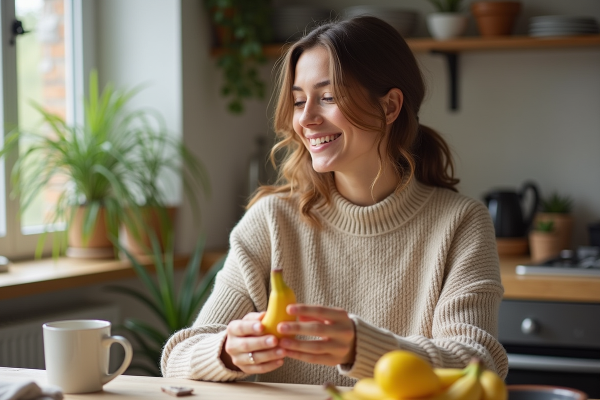 Femme souriante peignant une banane dans une cuisine lumineuse