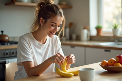 Jeune femme peignant une banane dans la cuisine lumineuse