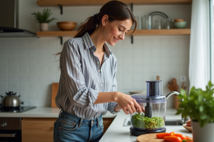 Femme en cuisine préparant des légumes dans un robot moderne