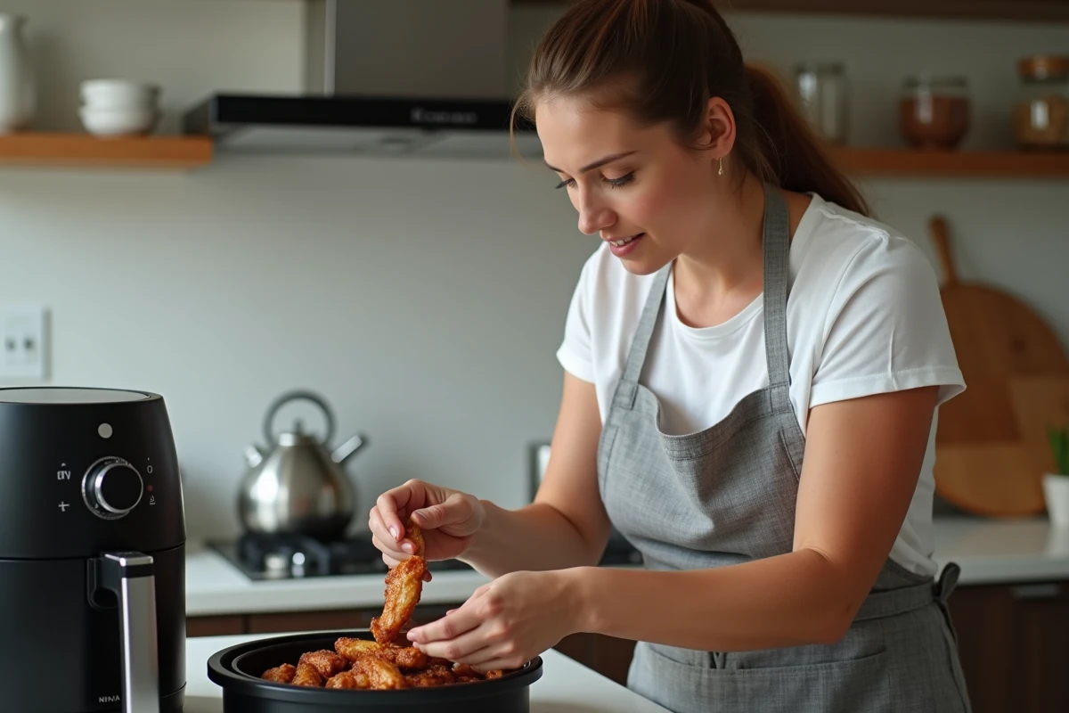 Femme préparant des ailes de poulet croustillantes dans un air fryer Ninja dans une cuisine moderne