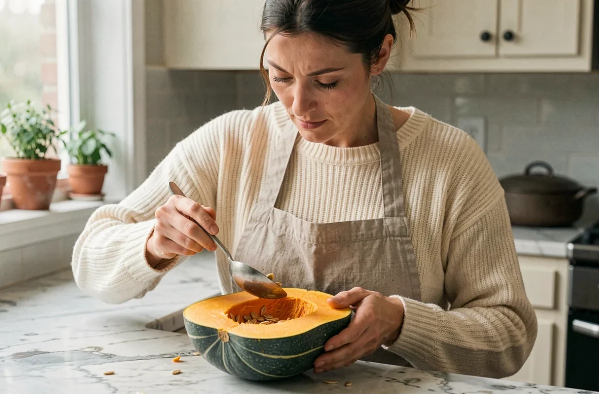 Femme préparant une courge bleu de Hongrie en cuisine en vidant les graines avec une cuillère