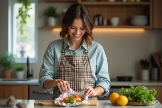 Femme ouvrant un sachet de poisson et légumes dans la cuisine