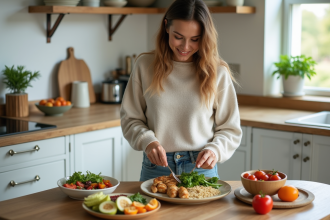 Femme souriante préparant un repas équilibré dans la cuisine
