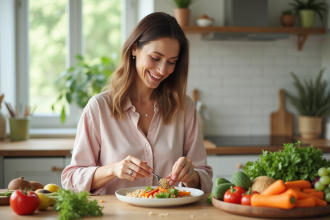 Femme souriante préparant un repas équilibré dans la cuisine