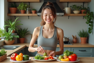 Jeune femme souriante préparant une assiette de légumes colorés