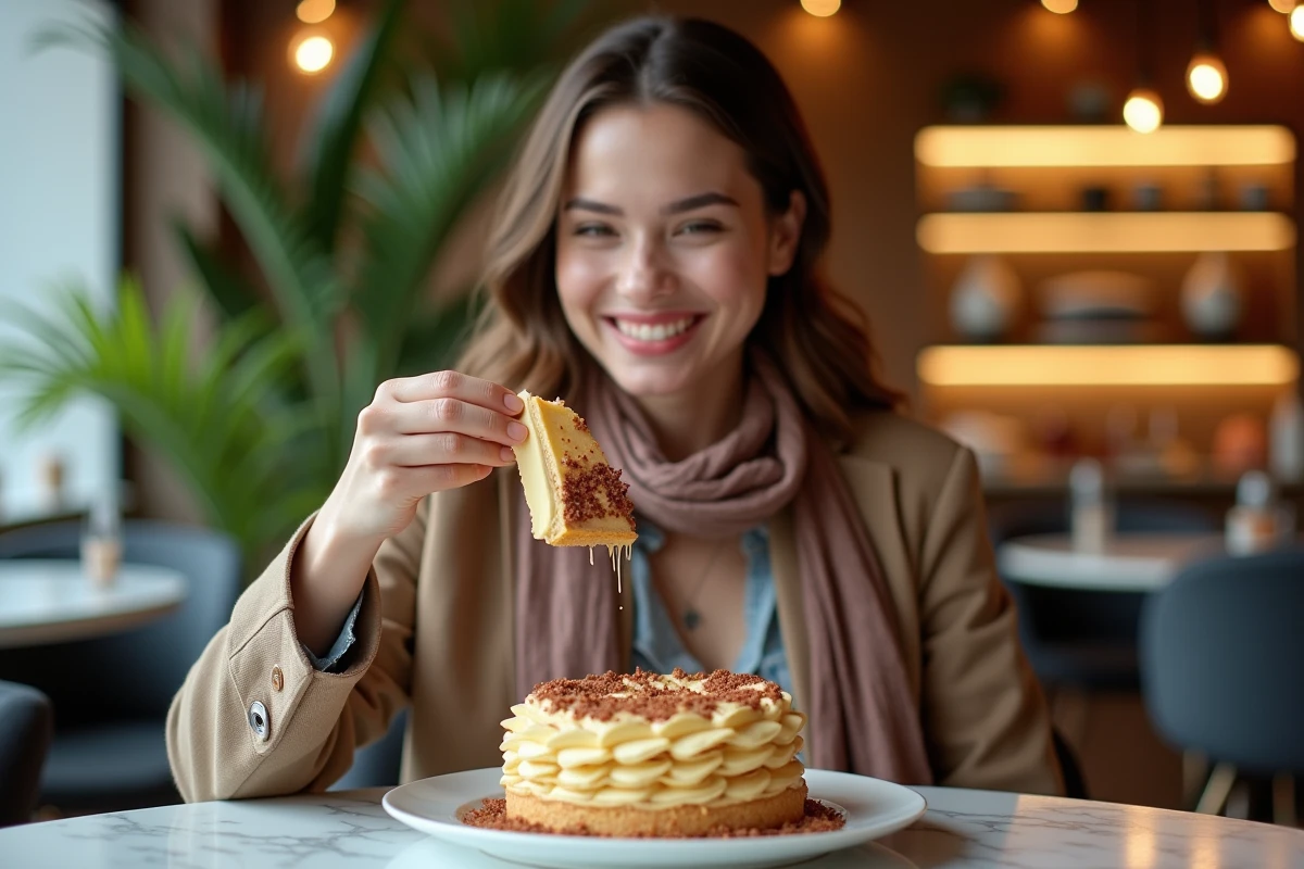 Jeune femme dégustant un dessert artistique dans un café