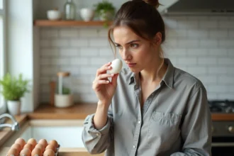 Femme qui sent un œuf cru pour vérifier s'il est encore bon dans une cuisine moderne