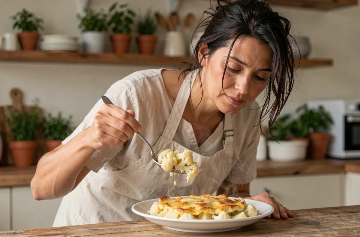 Femme servant une portion de gratin de chou fleur et pommes de terre dans une assiette blanche